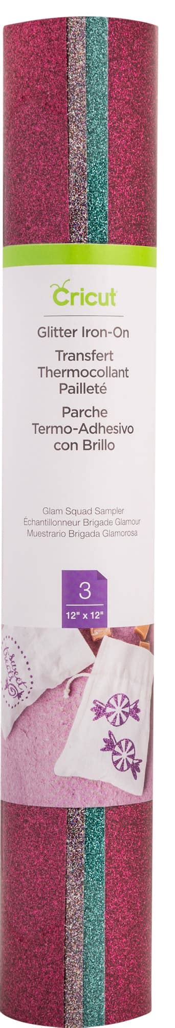Cricut Glitter Iron On Sampler Glam Squad 12X12(3); 3 sheets 12" x 12" (30.5 cm x 30.5 cm) in Multi, Jade, Cherry; Easily adheres to most materials to reveal a gorgeous glittery finish; Adds that extra sizzle, sass, or ‘70s shebang with glitter-infused hues; Outlasts 50+ washes!*